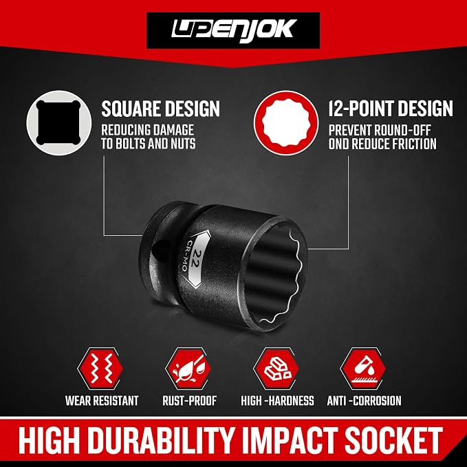 15-Piece 1/2" Drive Shallow Impact Socket Set, Metric Size (8-22mm) 12-Point Socket Set, CR-MO Steel for Automotive & DIY