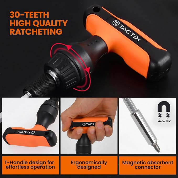 Tactix 31-Piece Magnetic T-Handle Ratchet Wrench and Screwdriver Set with Storage Case, Ratchet Screwdriver with Quick Release for Home & Garage