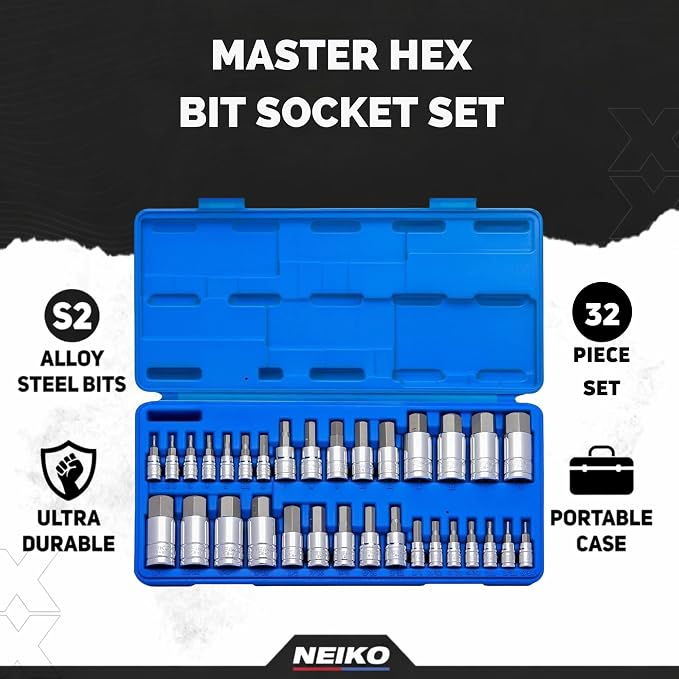 NEIKO 10288A Allen Hex Bit Socket Set, 32 Piece SAE and Metric Allen Socket Set, Allen Head Hex Key Socket Set Made with S2 Steel