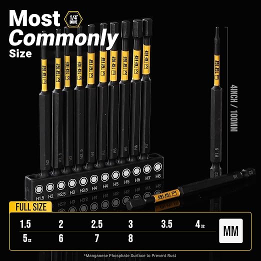 TGFTGF Impact Hex Head Allen Wrench Drill Bit Set, 12PCS, 4-Inch (Metric), Premium S2 Steel 1/4” Hex-Shank Hex Bit Set, CNC Machined Magnetic Screwdriver Bit Set, Storage Box, for Automotive Home DIY