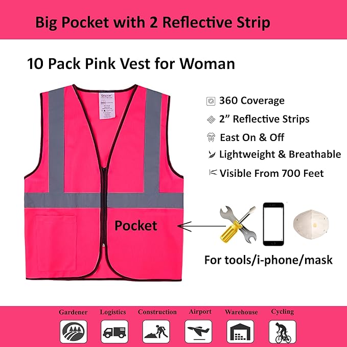Pink Safety Vests 20 Pack - Reflective High Visibility Construction ANSI Class 2 Work Vests for Men,Woman with Zipper,Hi Vis Mesh and Neon Silver