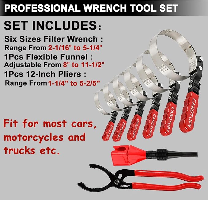 8pcs Oil Filter Wrench Set, 12" Adjustable Oil Filter Pliers with Flexible Oil Funnel, Oil filter Removal Tool Adjustable from 1-1/4"-5-2/5"