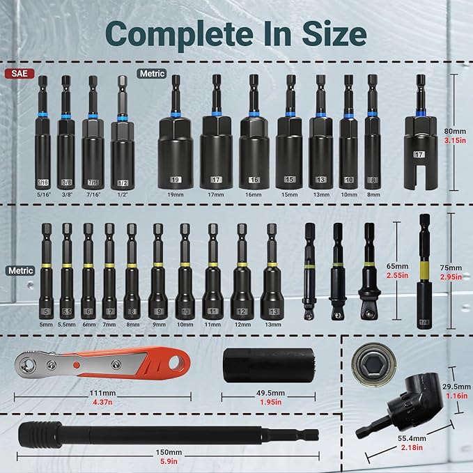 86-Piece Magnetic Impact Nut Driver Set, SAE/Metric Nut Driver Set, Right Angle Drill Driver, Socket Adapters, Bit Holder, Wing Nut Driver, Ratchet Bit Driver, Quick Release Extension, Power Bits