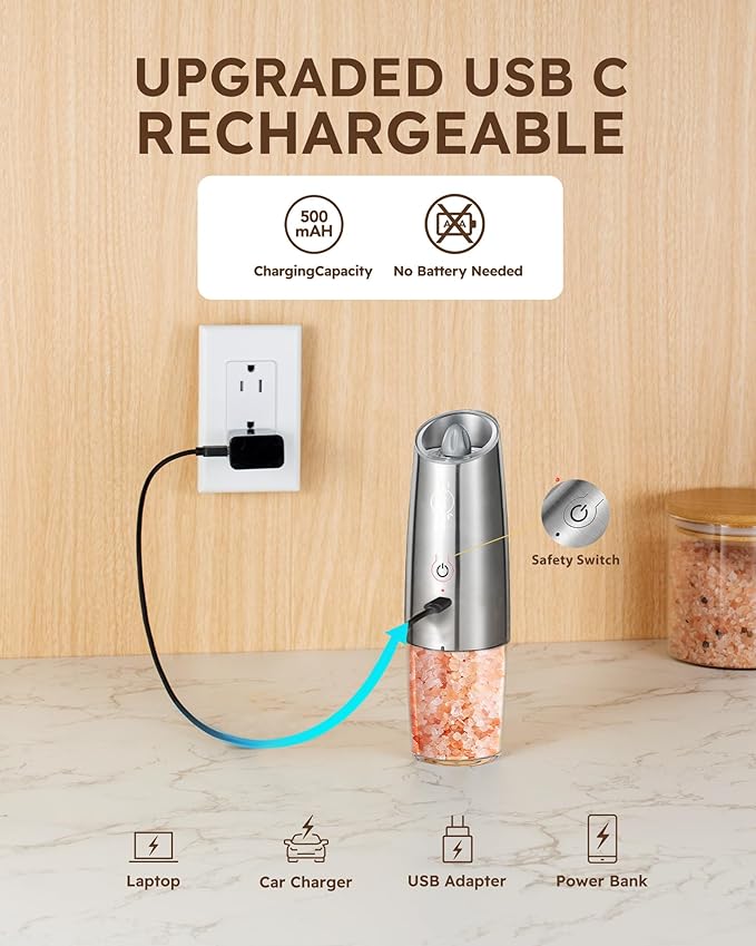 Sangcon Gravity Electric Salt and Pepper Grinder Set RECHARGEABLE Automatic Salt Pepper Shakers USB-C No Battery Needed - LED Light One Hand Operation, Adjustable Coarseness Pepper Mill Set