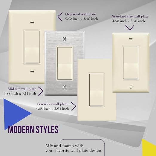 ENERLITES 3-Way Decorator Paddle Rocker Light Switch with Wall Plate, Gloss Finish, Single Pole or Three Way, 3 Wire, Grounding Screw, 15A 120V/277V, UL Listed, 93150-LAWP, Light Almond (10 Pack)