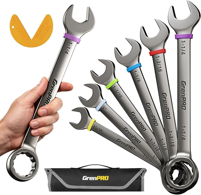 GRENPRO 15/16"-1-1/4" Large SAE Wrench Set, Combination Open End Tool Sets | Long Wrench Tool Set, 15-Degree Offset, 12-Point Box-End & Roll-Up Pouch With Gauge, Nickel Plated CR-V, Convenient Storage