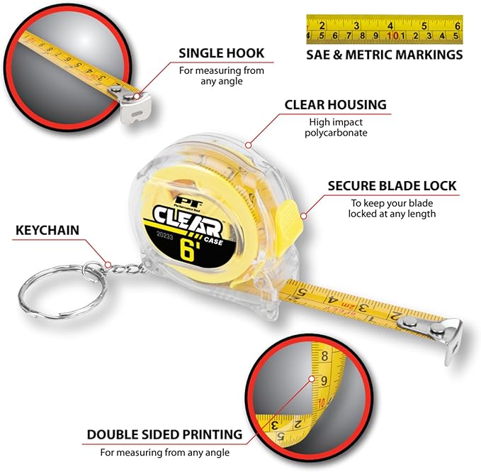 Performance Tool 20233 6' Clear Mini Tape Measure, SAE & Metric Measurements Printed on Both Sides