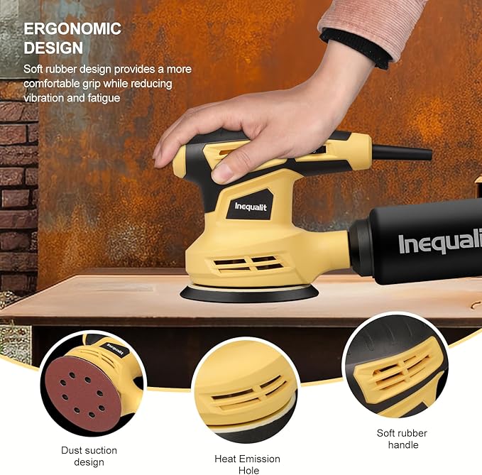 Random Orbital Sander, 2.4Amp 5-Inch Corded Palm Sander, Max 13000 OPM Electric Drywall Sander with 6 Variable Speed, 15Pcs Sandpapers and Dust Bag for Woodworking Sanding Polishing