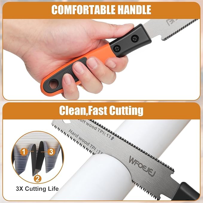 WFOEJEJ Japanese Hand Saw, 6-Inch Double-Edge Pull Saw, SK5 Flexible Blade, 11/17 TPI Blade with Soft Grip Handle for Hardwood & Softwood Woodworking