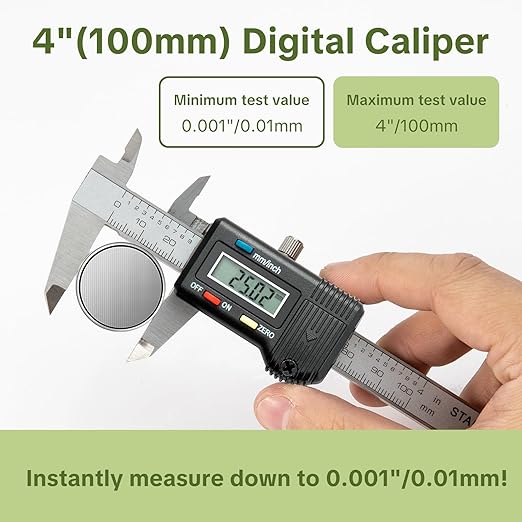 Digital Caliper 0-4" Measuring Tool with Metal Ruler, Micrometer Caliper with Auto-Off Feature, Interchangeable Between inches and millimeters for DIY/Household and 3D Printing, Black