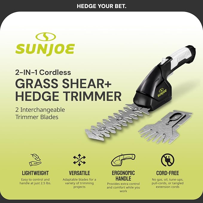 Sun Joe 2 in 1 Cordless 7.2V Handheld 4" Grass Shear and 6" Hedge Trimmer, Battery Powered, Built-in Safety Switch and Blade Safety Cover