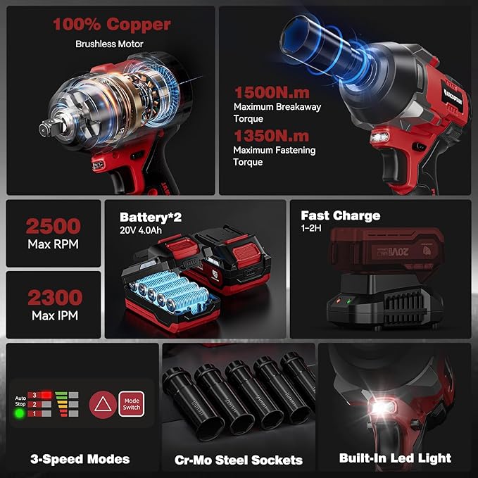 ARCCAPTAIN Cordless Impact Wrench, 1500N.m (1106Ft-lbs) 1/2" High Torque Impact Gun, 15C High-Rate 2x4.0Ah Batteries, 20V Power Impact Driver, Supports Up to 40mm Socket for Heavy Truck/Car/Pickup