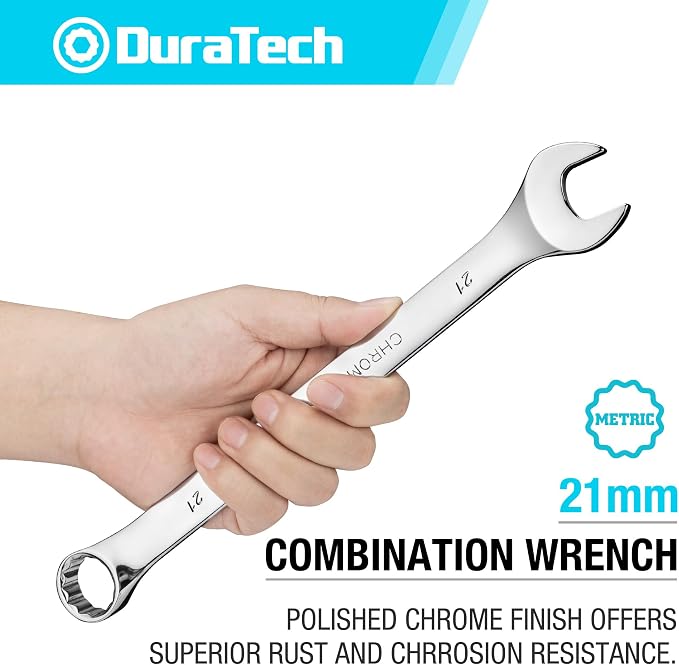 DURATECH 21mm Combination Wrench, Metric | CR-V Constructed, Mirror Polish, 12-Point, 15-Degree Offset