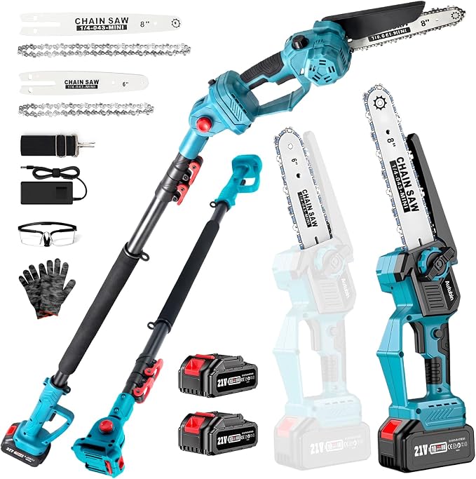 8 & 6 Inch Electric Pole Saw for Tree Trimming, 2-in-1 Mini Chainsaw & Pole Saw, 2x4000mAh Batteries, 16 ft Reach, Auto Oiling, Tool-Free Tensioning, Tree Trimmer for Branch Limb Cutting