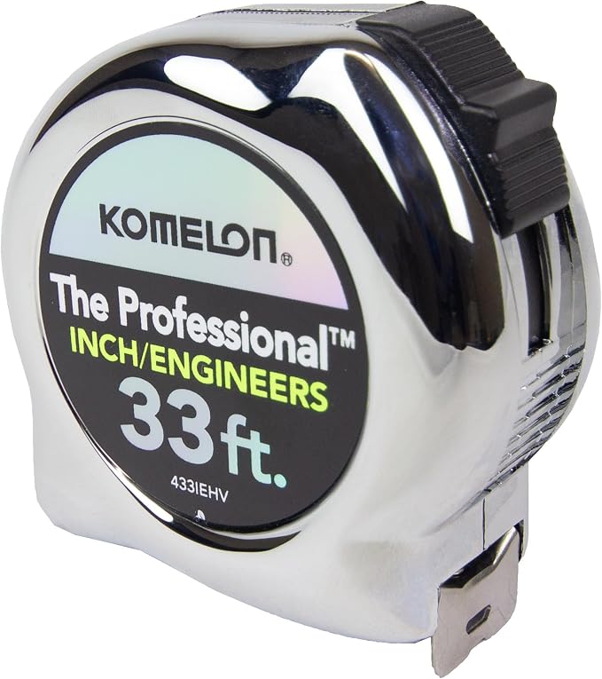 Komelon 433IEHV High-Visibility Professional Tape Measure both Inch and Engineer Scale Printed 33-feet by 1-Inch, Chrome