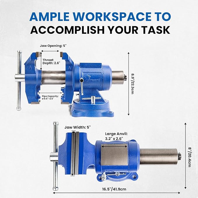 Forward DT08125A 5-Inch Heavy Duty Bench Vise 360-Degree Swivel Base and Head with Anvil (5", Ductile Iron)