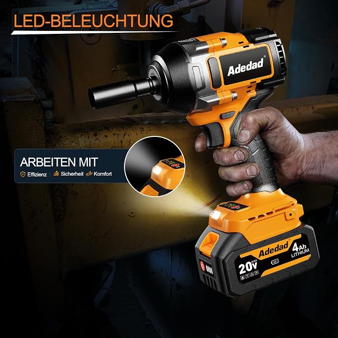 Cordless Impact Wrench 1000N.m 1/2 inch High Torque Impact Gun 20V | 2 x 4.0 Ah Batteries,Sockets and Case 740ft-lbs Brushless Power Impact Driver for Automotive and Heavy Duty Use