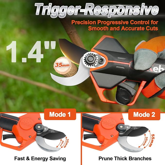 35mm(1.4 Inch) Professional Cordless Electric Pruning Shears for Orchard & Vineyard, Heavy Duty Tree Pruner Compatible with Extension Pole for Apple Peach Olive & Grapevine High Branch Cutting