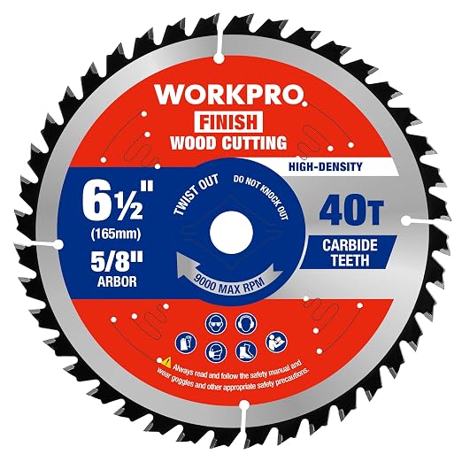WORKPRO 6-1/2 Inch Woodworking Circular Saw Blade, 40T General Purpose Wood Cutting, Thin Kerf, Carbide Tipped, ATB Tooth, 1-Pack