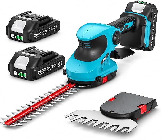 Seesii 20V Cordless 2-in-1 Hedge Trimmer: 12" Shrub Trimmer & 6" Grass Shears, Dual-Action SK5 Blades, 2 x 2.0Ah Batteries, Rotating Handle, 1/2" Cut Capacity for Small Yards, Bushes and Lawn Edges