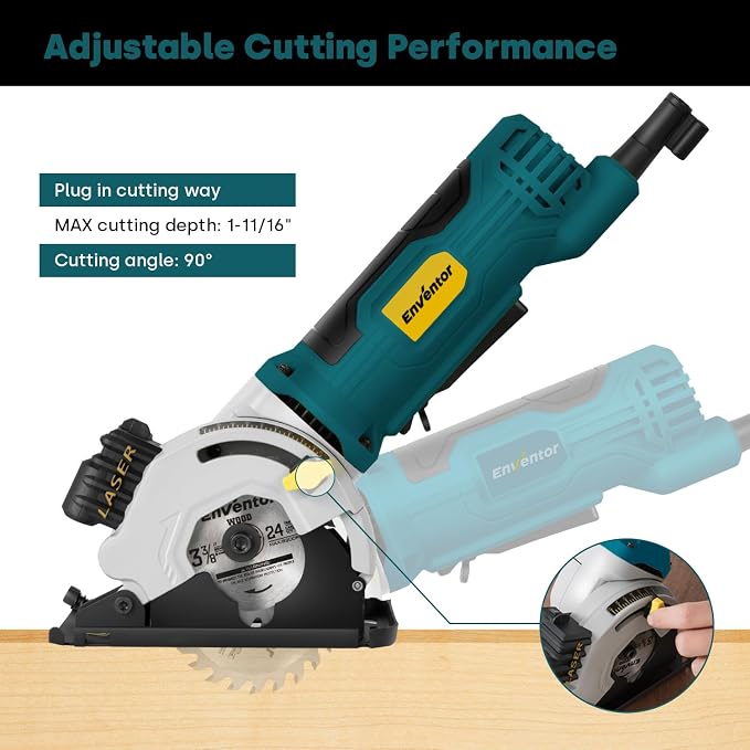 Enventor 4.8A Mini Circular Saw Corded with Laser Guide, 3 Saw Blades | 3-3/8" Power Electric Circular Saw Compact for Wood, Soft Metal, Tile, Plastic, Max Cutting Depth 1-1/16"