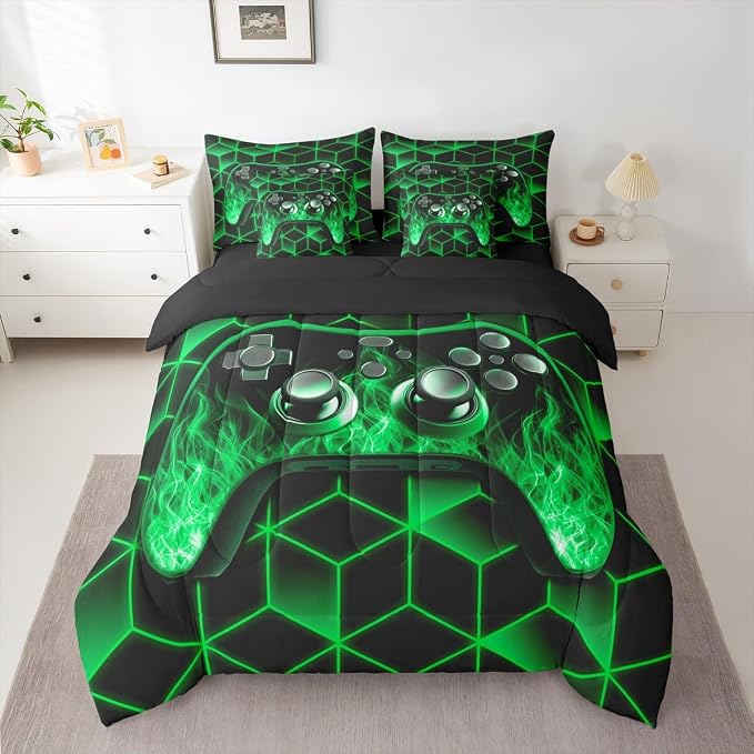 Game Consoles Bed in a Bag King Size Comforter Set 7 Pieces,Neon Geometric Gamepad Bedding Set,3D Geometric Gamer Sheet Set Green Flame Bed Set,Gaming Decor for Boys Bedroom Gamer Gifts