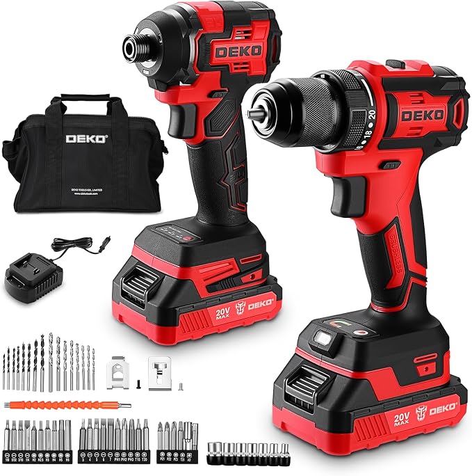 Cordless Drill & Impact Driver: DEKOPRO 20V Brushless Power Drill and 20V Brushless Impact Driver Set, Power Tool Set with 2x2.0Ah Batteries, Charger, Bag & 52xAccessories-Red
