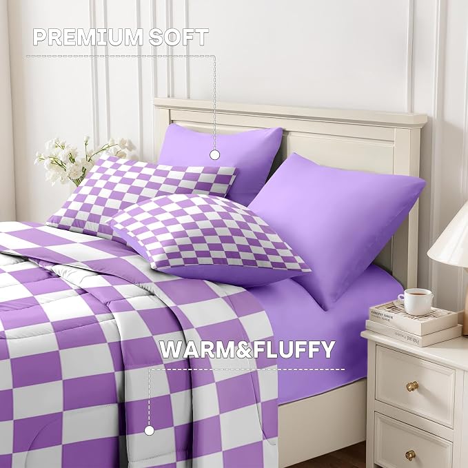 Nesker Comforter Set King Size, Purple Plaid Gingham 7 Pcs Bedding for Kids and Adults, Checkerboard Grid Bed Sheet Sets with Fitted Sheet 2 Pillowcases & 2 Shams