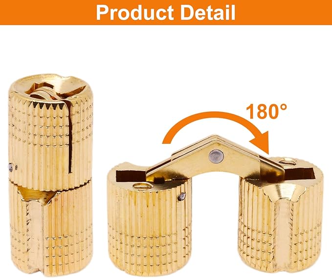 12mm Brass Barrel Hinges Cylindrical Hidden Cabinet Concealed Invisible Furniture Hinges Mount 180 Degree Opening Angle 8Pcs