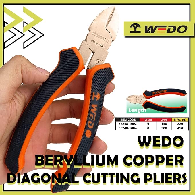 WEDO Non-Sparking Diagonal Cutting Pliers 8”, Spark-Free Side Cutters Pliers, Wire Cutters, Flush Cutting, BAM & FM Certificate, Beryllium Copper, For Electrical and Homes