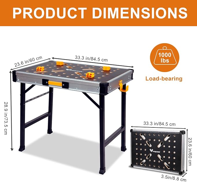WORKESS Portable Workbench 1000Lbs Capacity Heavy Duty Folding Work Table with 2 Quick Clamps, 4 Bench Dogs, 3 Tool Boxes for Garage Easy Storage