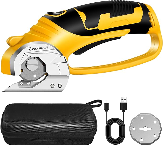 SakerPlus Cordless Electric Scissors, 4V Cardboard Cutter, Box Cutter - 2 Blades, 1 Storage Bag, Safety Lock & LED Light, Rechargeable Power Rotary Cutter for Box Carpet Fabric Plastic Leather