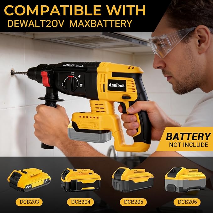 SDS-Plus Cordless Rotary Hammer Drill Compatible with DeWalt 20V MAX Battery (Tool Only), Hammer Drill for Concrete with 4 Functions, Rotomartillo Brushless Motor Includes 5 Drill Bits, 2 Chisels
