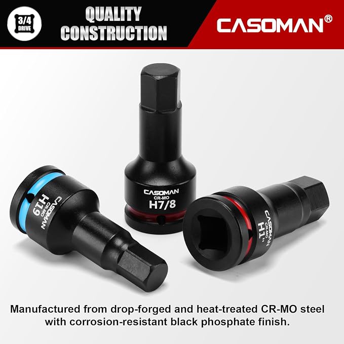 CASOMAN 3/4-Inch Drive Impact Hex Bit Driver Set, 10 Pieces Allen Bit Socket Set with Storage Case, Metric & SAE, CR-MO Steel, Impact Grade, One-Piece Construction