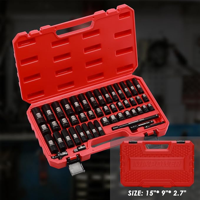 MIXPOWER 3/8" Drive Deep Impact Socket Set, 6 Point, 49 Piece Standard SAE and Metric Sizes-5/16-Inch to 3/4-Inch and 8-22 mm, 3/8'' impact universal joint, Cr-V Steel Mechanic Socket Set