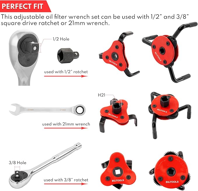 BILITOOLS Adjustable Oil Filter Wrench – Universal Oil Filter Removal Tool, 1/2" Drive, Fits 2-1/2"–5-1/8" Filters