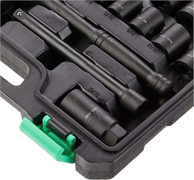 Amazon Basics 46-Piece 3/8-Inch Drive Socket Set with 6 & 12 Point Sockets, 72 Teeth Ratchet, SAE & Metric Sizes, Extension Bars, Universal Joint, Carrying Case