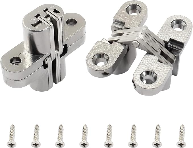 43.5 mm Hidden Hinge, Stainless Steel 180 Degree Invisible Cross Hinges for Kitchen Cabinet Door, Frameless Concealed Hinge with Screws, 2pcs