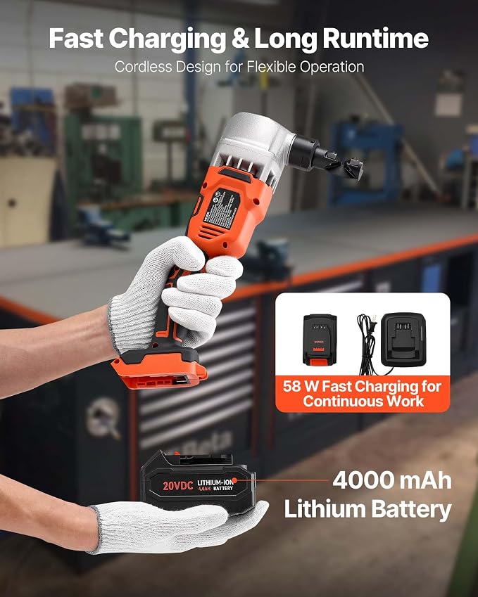 VEVOR Cordless Metal Nibbler, with 18 V 4000 mAh Battery, 1200 RPM Brushless Motor, Electric Nibbler Metal Cutter with Plastic Carrying Case for Cutting Stainless Steel, Aluminum, and Copper Sheet