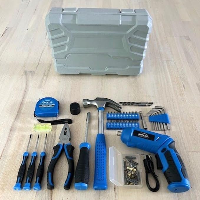Apollo Tools 81-Piece Home Tool Set with 3.6V Li-Ion USB Cordless Screwdriver, Rotating Handle, LED Light, Hand Tools & Picture Hanging Kit – Compact Household Repair & DIY Kit, Blue/Gray DT2020