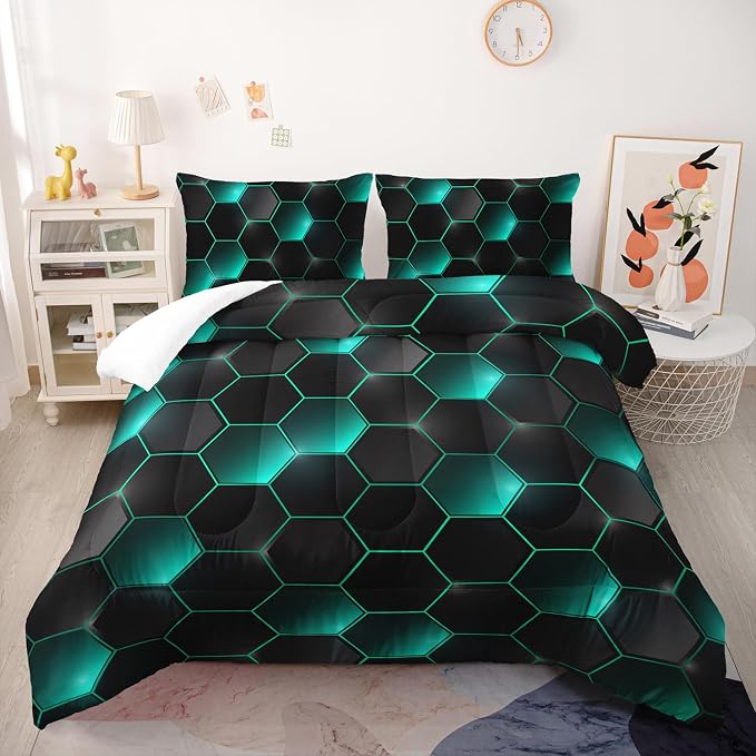 Geometric Black Green Neon Comforter Set,Light Honeycomb 3 Piece Bedding Set Full for Teen Boys,Modern Bedding Quilt Set Geometry Decor,Microfiber Lightweight 1 Comforter 2 Pillowcases All Season