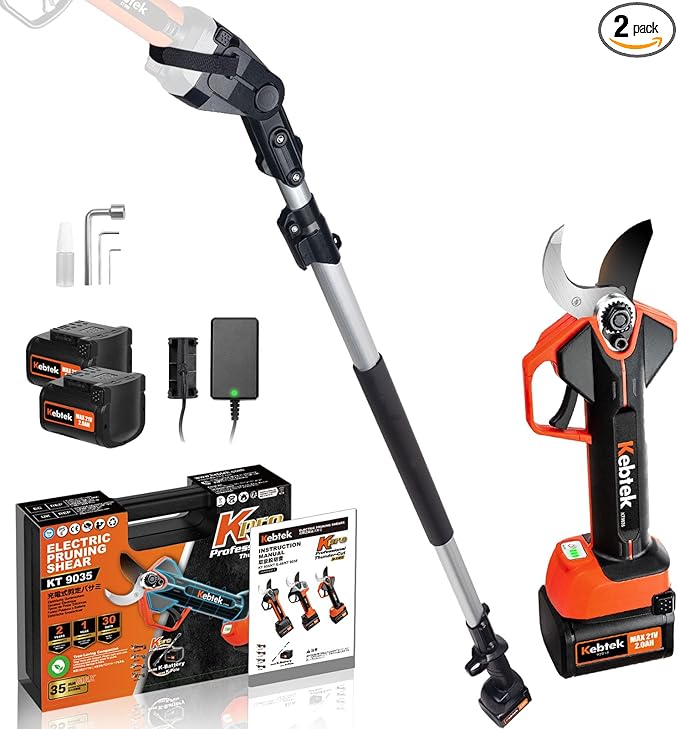 Kebtek 2-in-1 Battery Powered Pole Pruner, Electric Pruning Shears Cordless 1.4" (35mm) Cutting Diameter Electric Tree Pruner with 8.5Ft Telescopic Extension Pole, 2×2.0Ah Battery for Tree Trimming