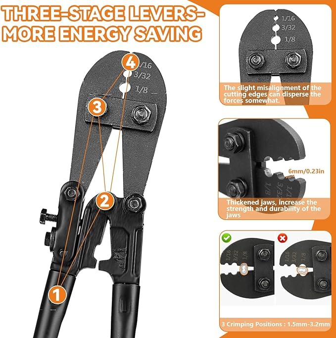 TooTaci Wire Rope Crimping Tool Kit, Include 14 inch Swaging Tool and Wire Rope Cutter, Cable Crimper for 1/16" to 1/8" Crimping Loop Sleeves