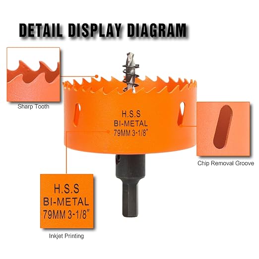 3-1/8 Inch Hole Saw with Arbor for Wood Metal Plastic, 3.125 in Bimetal Hole Cutter, Fast Chip Removal, Smooth Flat Drilling Edge