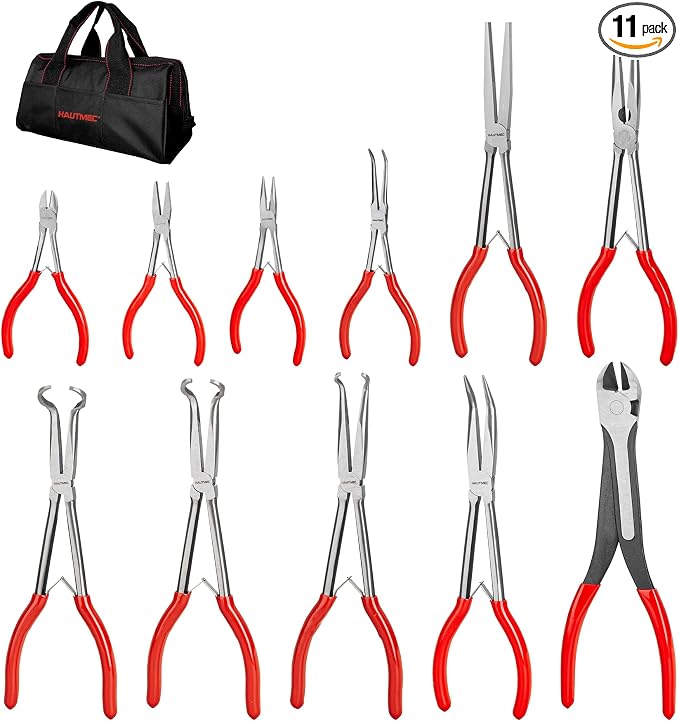 HAUTMEC Extra Long Needle Nose Pliers Set, 11PCS Long Reach Pliers Include 6-7" & 11" Straight, Circle Nose, Diagonal, Flat Nose, Bent Nose Plier for Narrow Spaces, Automotive & DIY Repairs