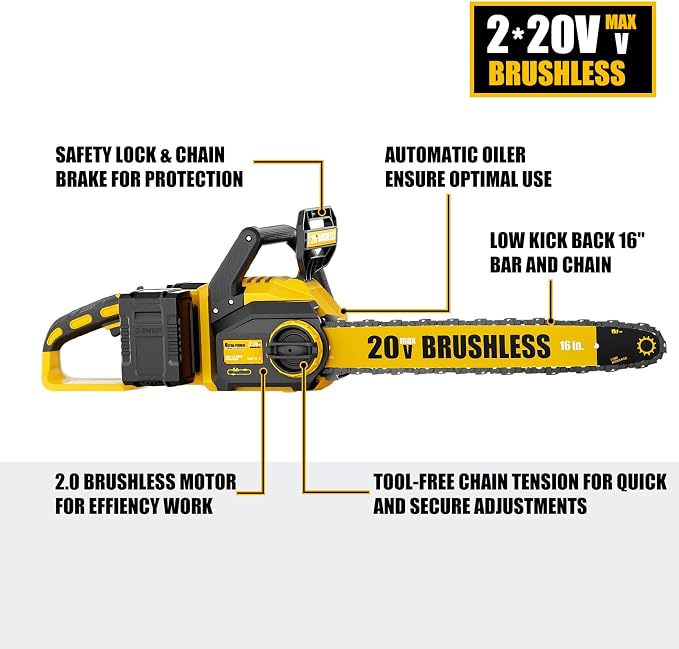 40V(20V*2) 16" Brushless Chainsaw Cordless, Electric Chainsaw Fully Compatible with Dewalt 20V MAX, Auto-Oiling, Tool-Free Tensioning, Safety Chain Brake, Batteries and Charger Not Included