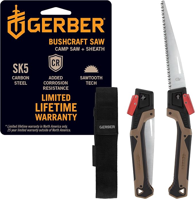 Gerber Gear Bushcraft Saw - Portable Camping Saw for Cutting Wood - Versatile Outdoor Tool w/Ergonomic Handle - 2-Position Blade - Chrome-Plated