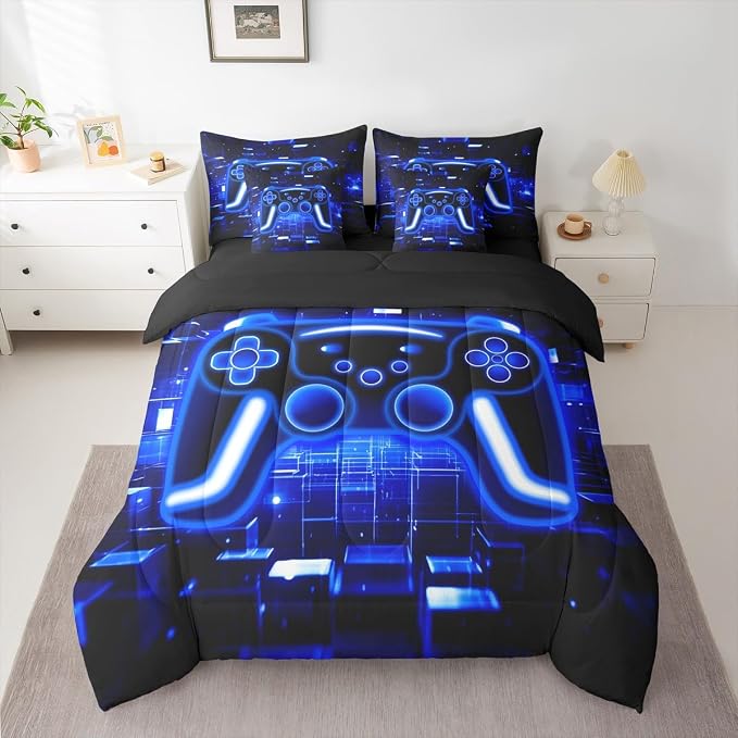 Gamer 7 Piece Comforter Set Full Bed in a Bag, Gaming Bedding Sets Neon Lights Video Game Console Comforter and Sheet Set, Blue Brick Cube Room Decor,Gamer Decor for Boys Bedroom