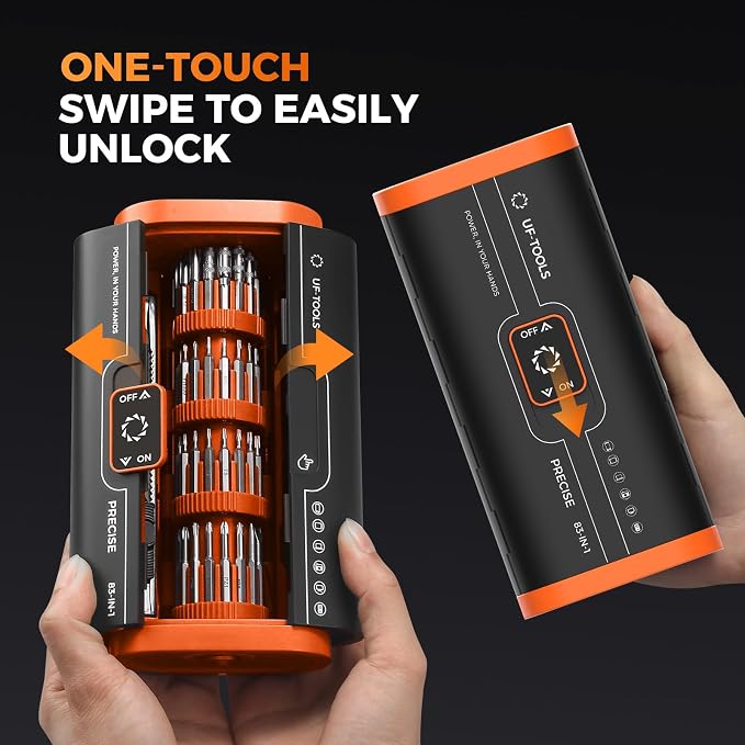 UF-TOOLS Mini Electric Screwdriver, 83 in 1 Cordless Rechargeable Small Power Screwdriver Set with 71 Bits, Led Light and Magnetic Mat, Professional Repair Tool for Phone Camera Laptop PC, Orange