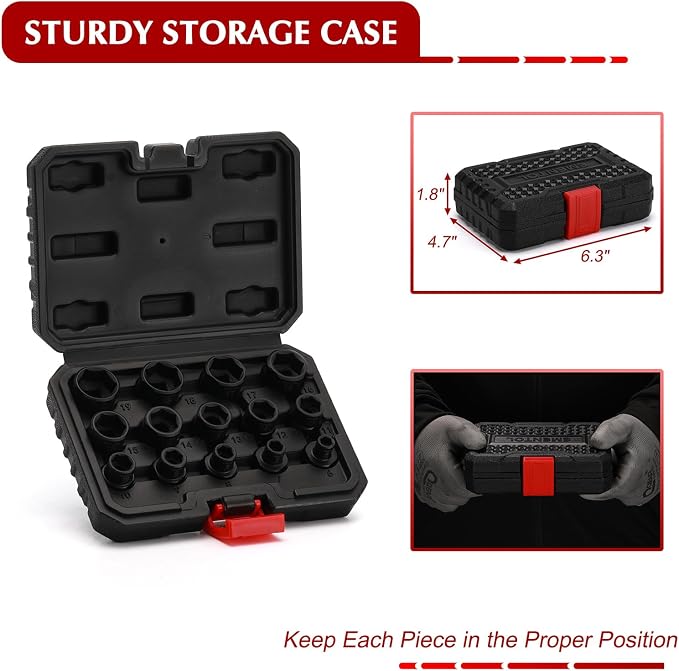 EMENTOL 14PCS 3/8" Drive Low Profile Nano Impact Socket Set, 3/8-Inch Drive stubby sockets, Metric, 6mm-19mm, CR-MO